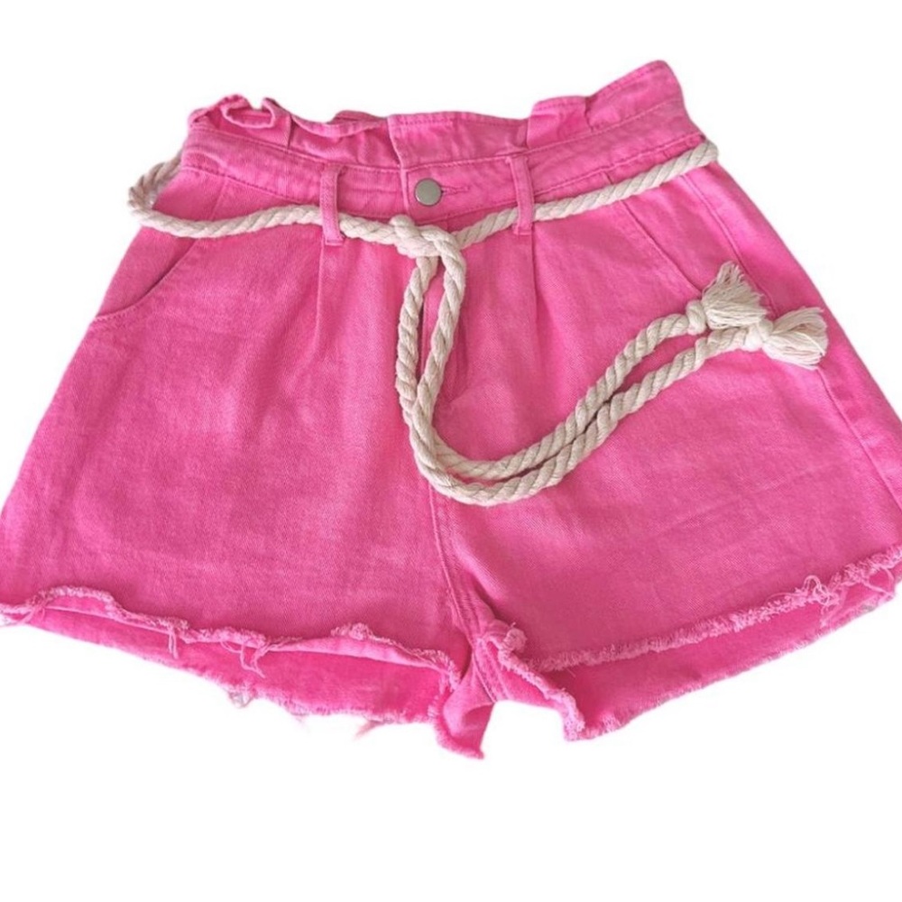 Jealous Tomato Pink Paper Bag Denim Jean Shorts with Rope Belt